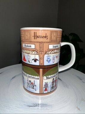 Harrods Brown, White & Blue Storefront Illustration Mug NWOT